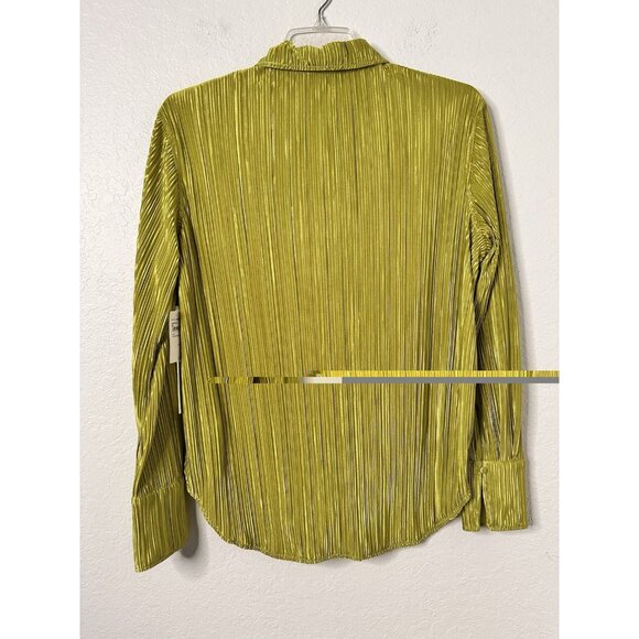 Good American Blouse Shirt Women's Green Kiwi Pleated Long Sleeve Size 1/2 NWT - Picture 3 of 10
